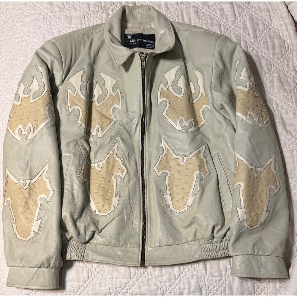 Alligator Passions Leather Jacket Mens XL Gray Ostrich Applique Western Bomber
